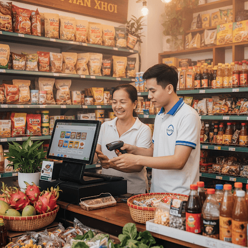 Chủ cửa hàng và nhân viên EconiTek làm việc cùng nhau